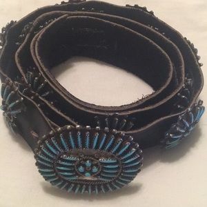 ZUNI TURQUOISE AND GOAT SKIN LEATHER BELT.
